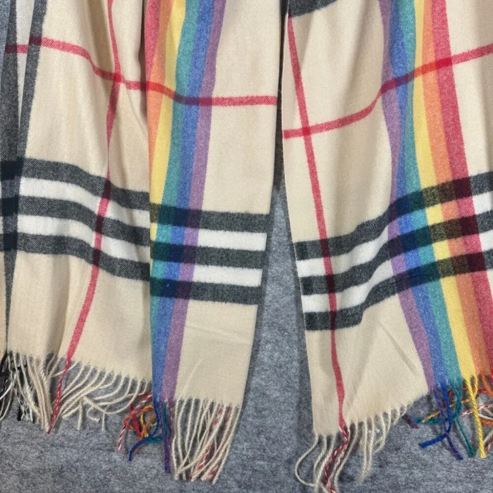Pashmina 100% Cashmere Cream Plaid Rainbow Scarf One Size Fall Winter Cozy Chic